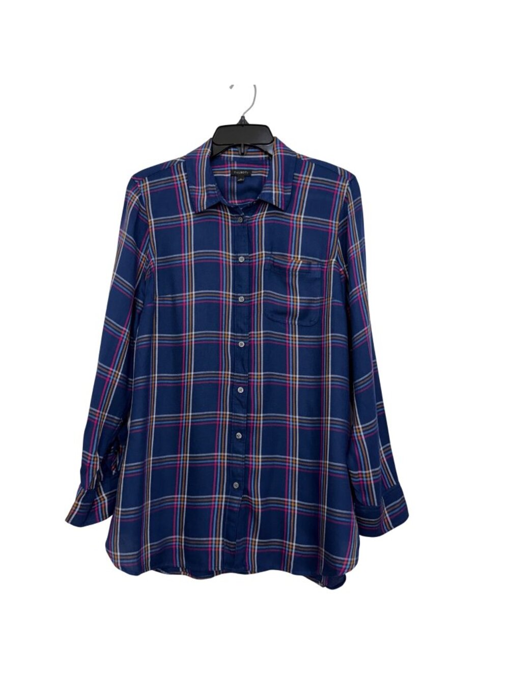Talbots Womens Blue Plaid Button-Down Tunic Shirt Size Medium Rayon Long Sleeve
